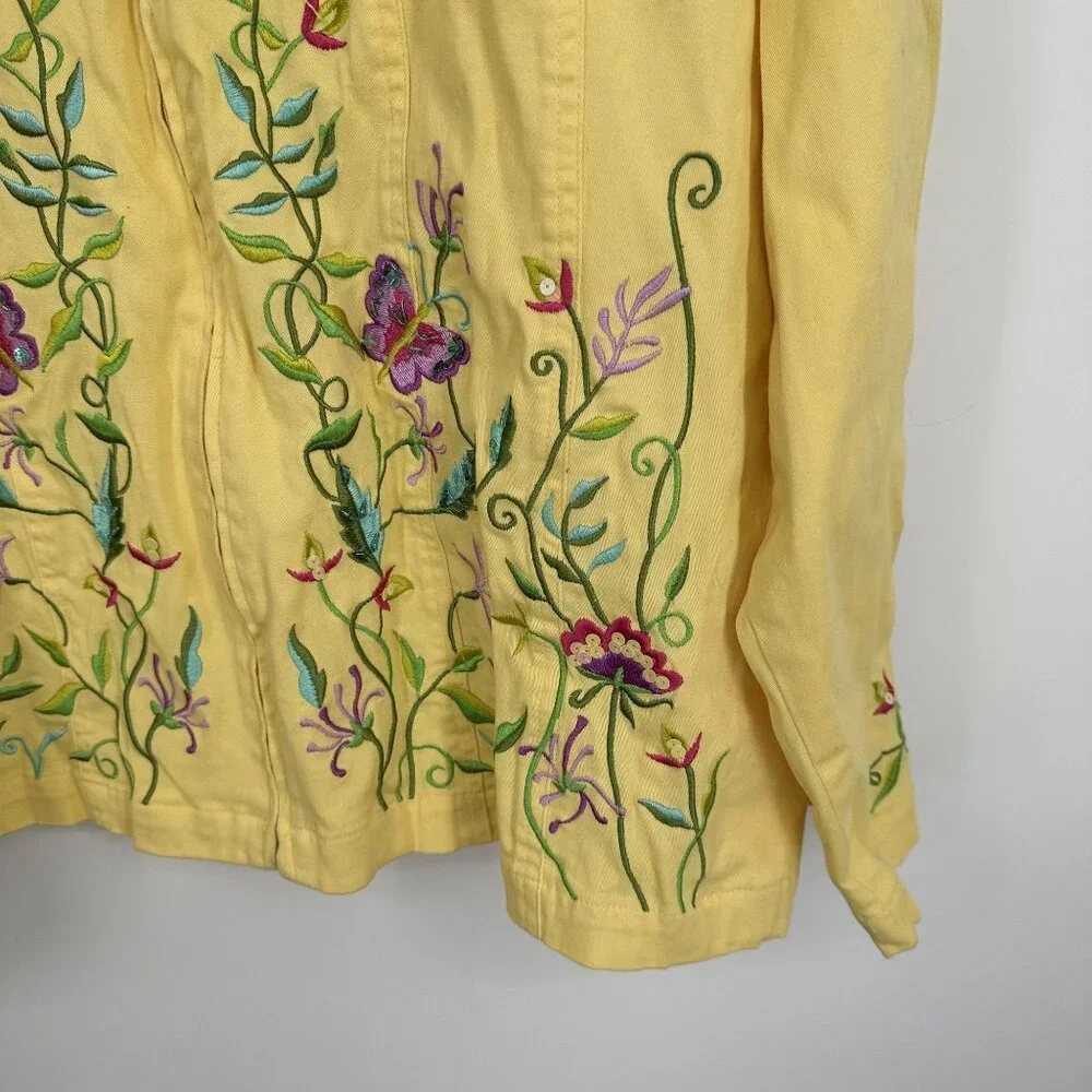 Quacker Factory Yellow Zip‎ Up Jacket Embroidered Butterfly Garden Size 3X